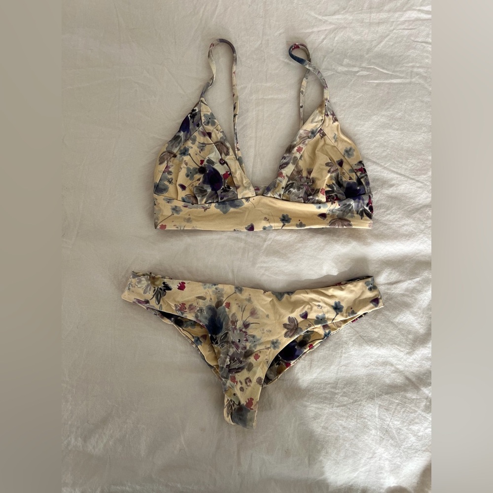 Floral Print Bikini Set - Cream and Purple